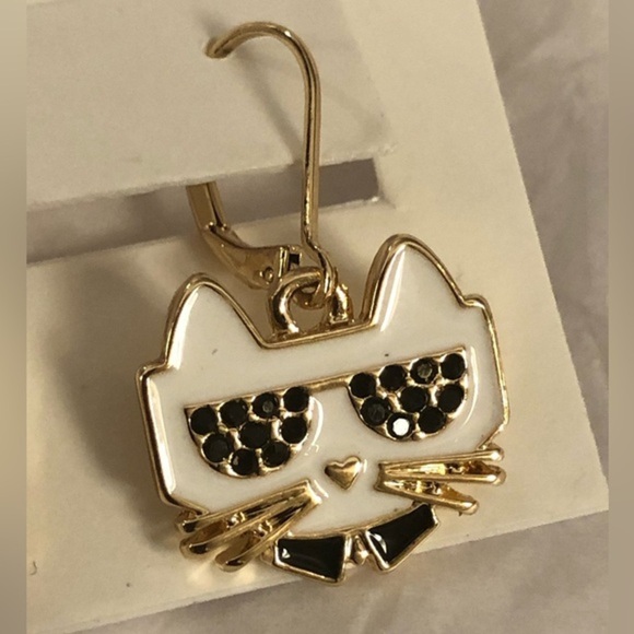 Karl Lagerfeld black white gold plated choupette cat dangling latchback earrings - Picture 3 of 7